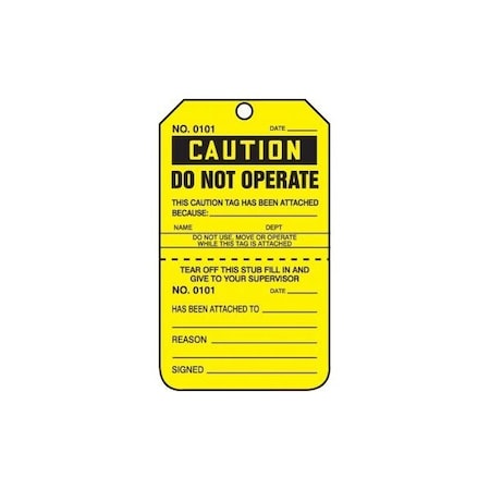 Accuform Safety Tags, CAUTION DO NOT OPERATE, Perforated, 5.75in x 3.25in, RP-Plastic, 25PK TPP208PTP